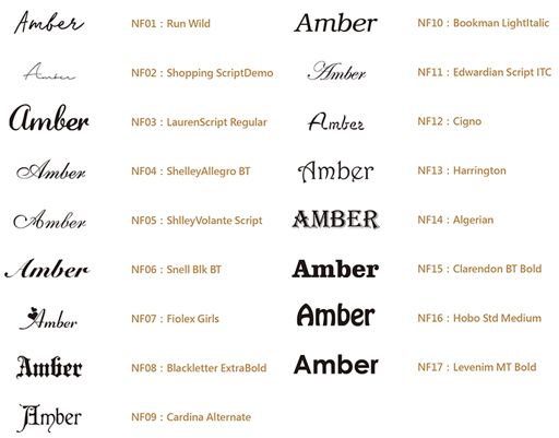 HungKuang Name Jewelry Laser Engraving Font Selection Chart